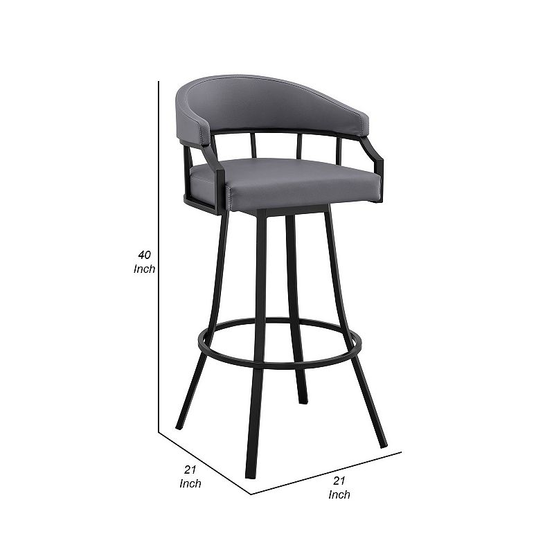 Mayla 30 Inch Swivel Bar Stool， Black Flared Legs， Gray Faux Leather