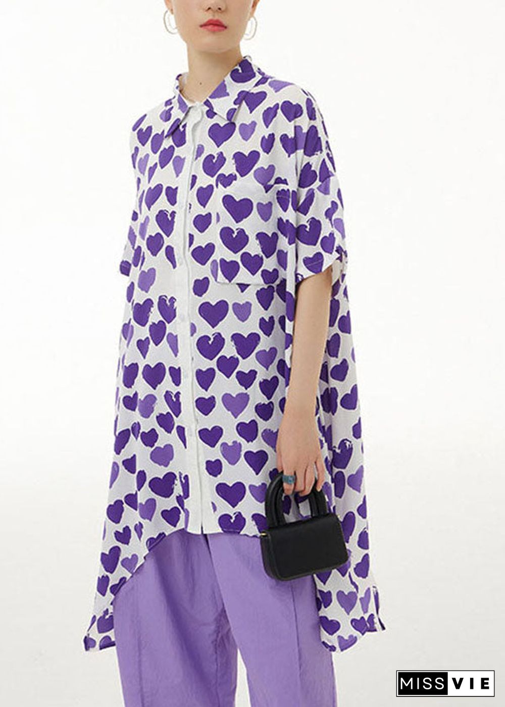 Purple Print Chiffon Shirt Tops Asymmetrical Design Summer