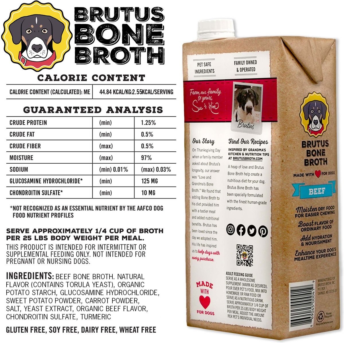 Brutus Broth Bone Broth Beef Flavor Hip and Joint Human-Grade Dog Food Topper， 32-oz box