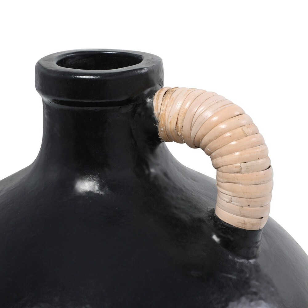 Black Ceramic Jug Inspired Vase with Rattan Wrapped Handle