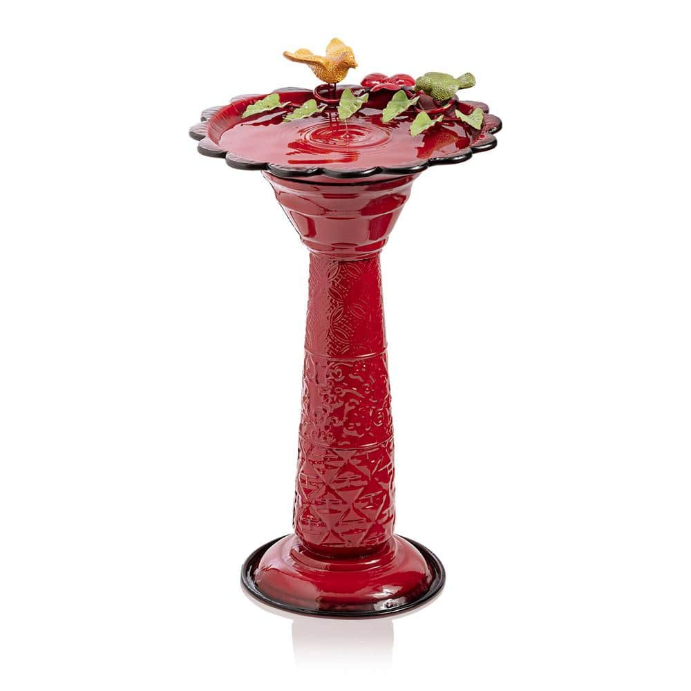 Alpine Corporation 28 in. Tall Outdoor Metal Birdbath with Birds and Leaves Yard Statue Decoration， Red ORS112RD