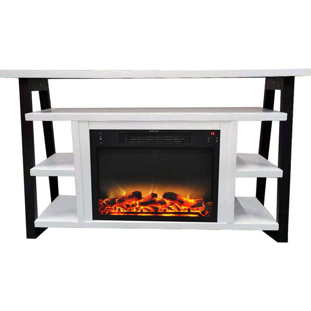 Hanover Industrial Chic 53.1 in. WFreestanding Electric Fireplace TV Stand in White and Black with Realistic Log Display FS5332-1BWTLED