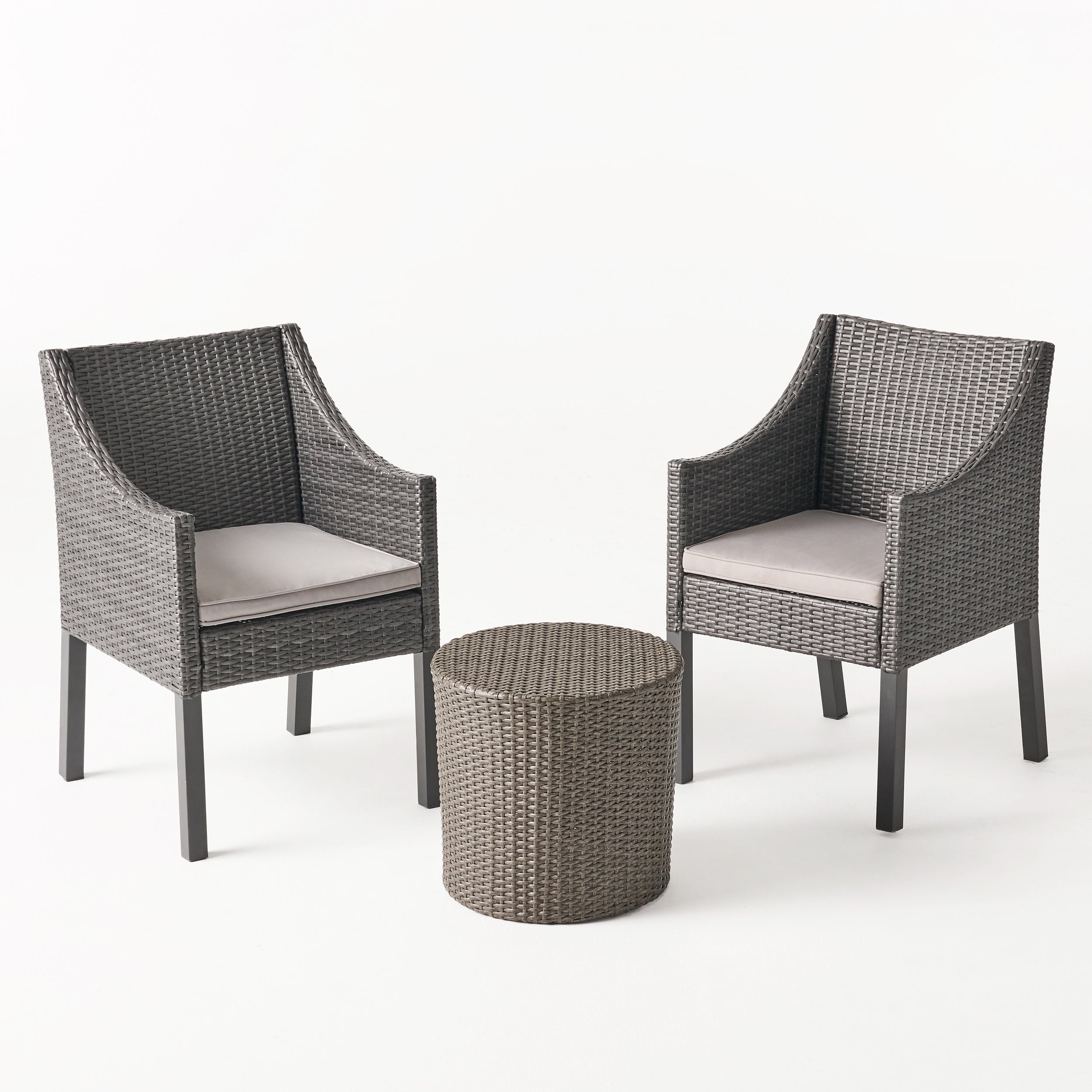 Sims Outdoor 3 Piece Wicker Chat Set, Grey with Silver Cushions