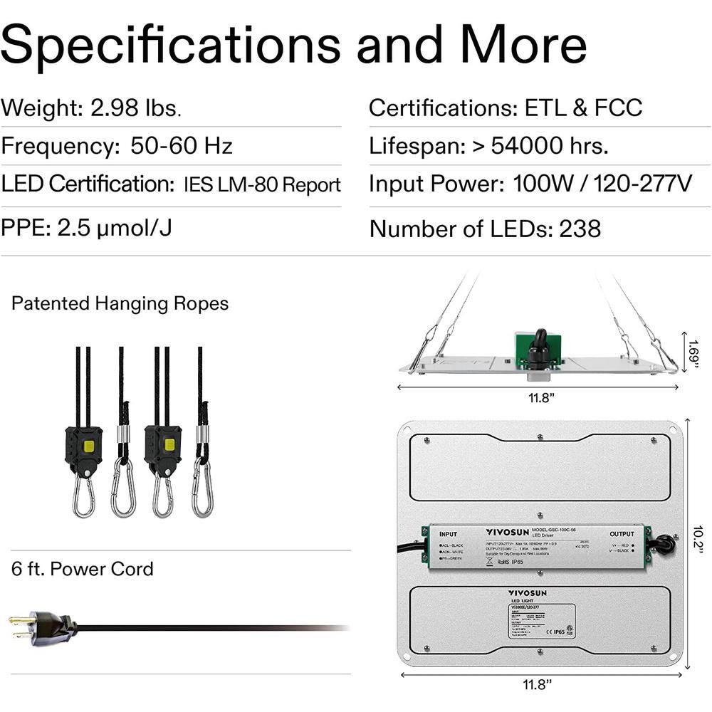 VIVOSUN VS1000E 100-Watt LED Grow Light with  Diodes Full Spectrum Warm White wal-VS1000E