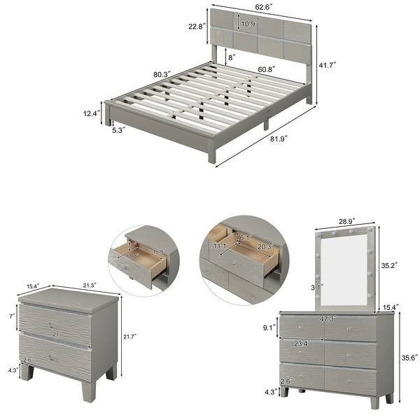 Champagne Silver 5 Pieces Bedroom Sets BedandNightstand*2 DresserandMirror - - 37516416