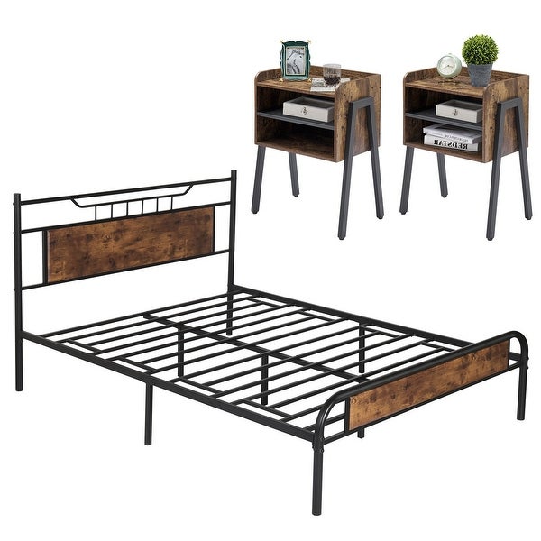 Taomika Industrial 3-pieces Bed and Modern Nightstands Set - - 35162740