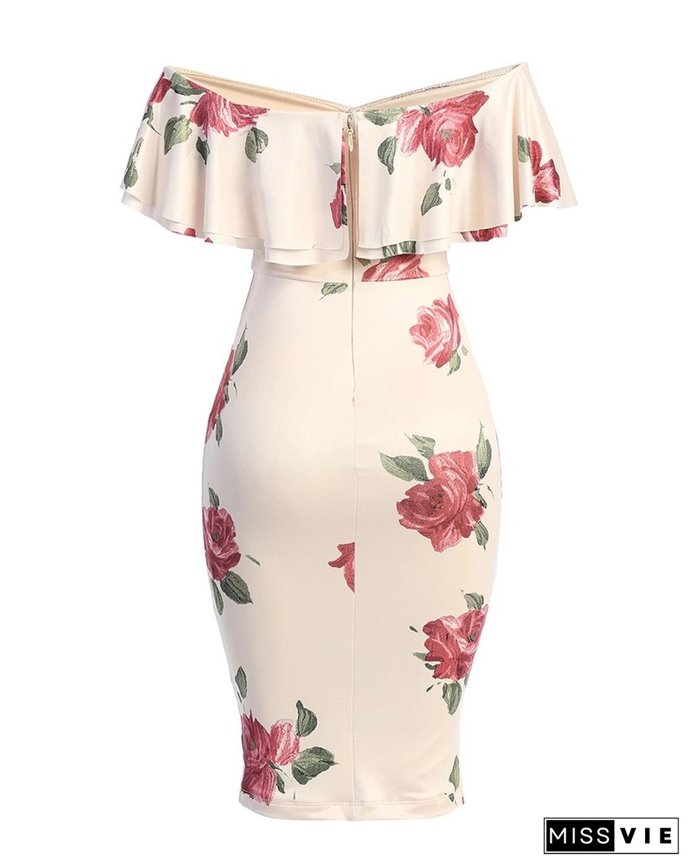 Floral Print Off Shoulder Ruffles Skinny Dress