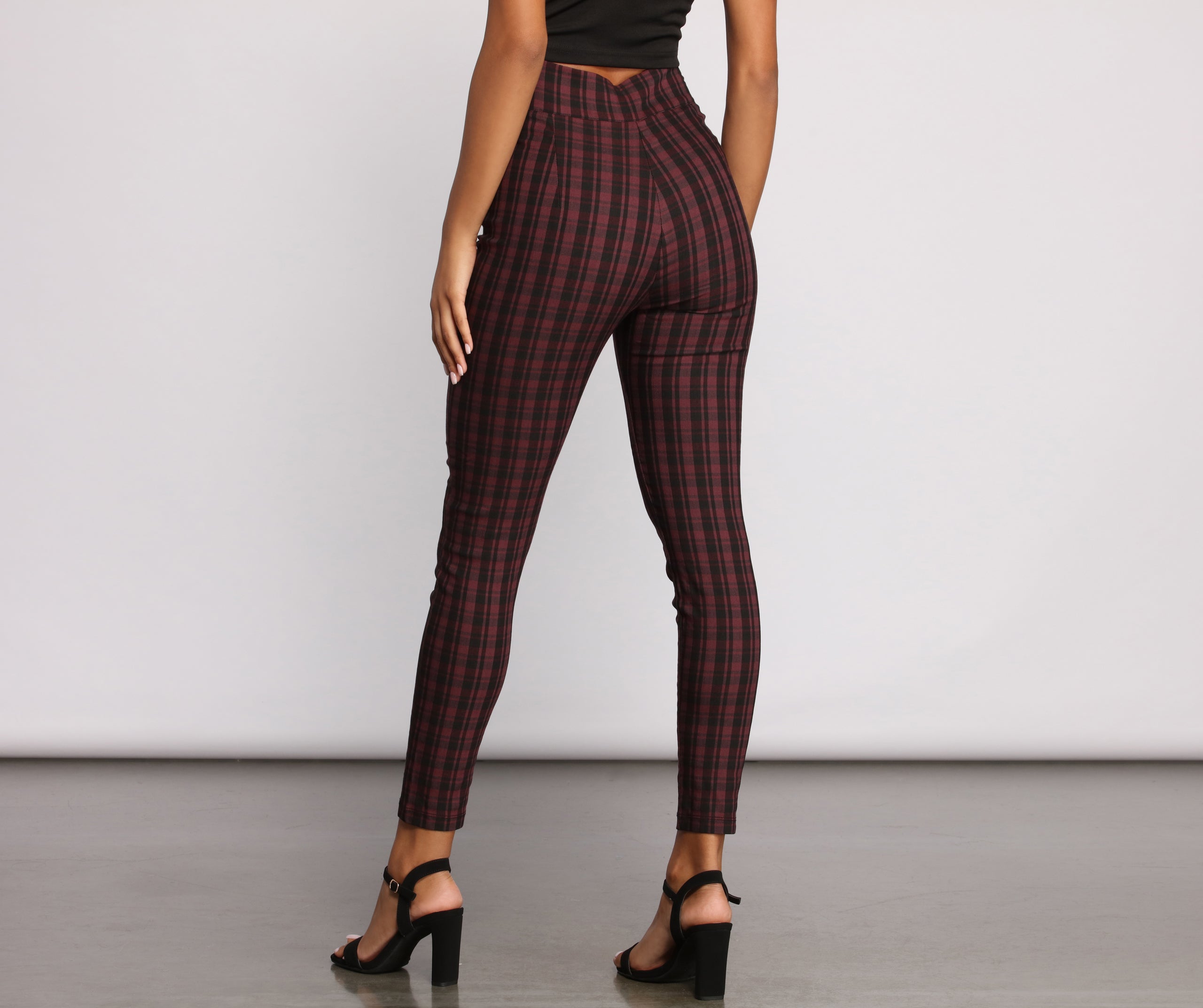 High Waist Snap Front Plaid Skinny Pants