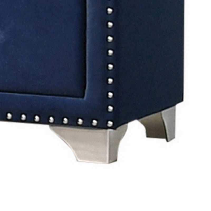 Cale 26 Inch Modern Wood Nightstand， Velvet Upholstered， Nailhead， Blue