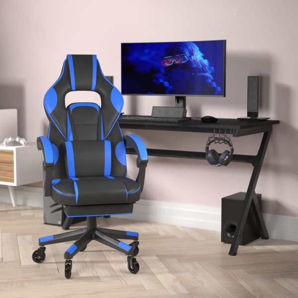 X40 Gaming Chair Racing Computer Chair with Fully Reclining Back/Arms and Transparent Roller Wheels， Slide-Out Footrest， - Black/Blue