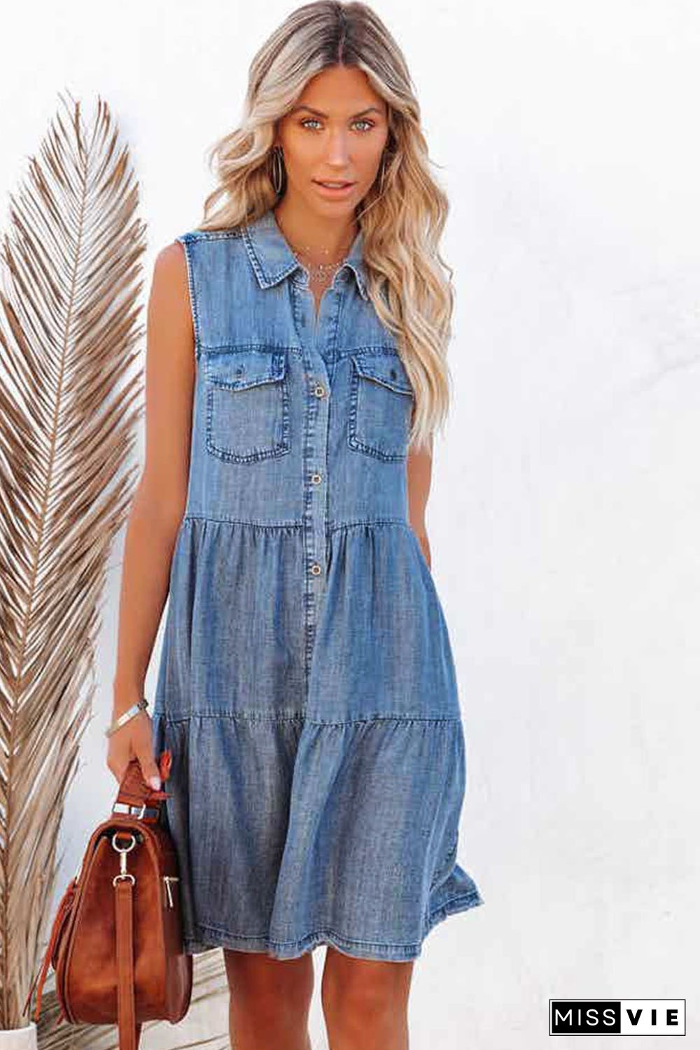 Sky Blue Flap Pockets Button up Sleeveless Denim Dress