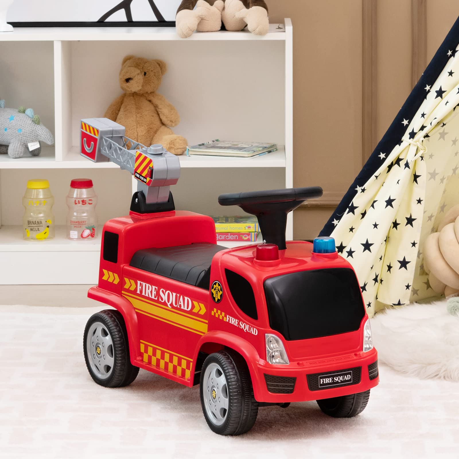 Costzon Kids Ride On Fire Truck, Ride On Push Car with Ladder Bubble Maker