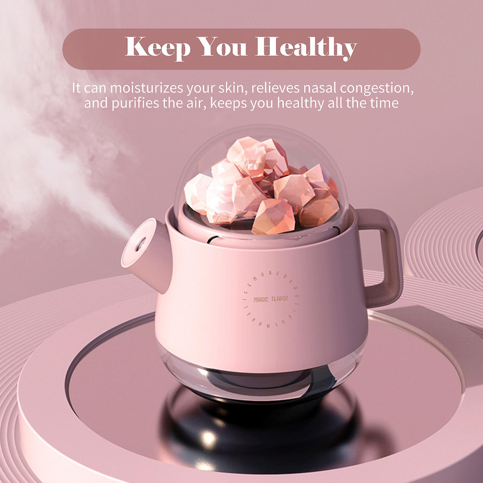 Pink Crystal Salt Stone Humidifier 360ml Kettle Shape Mist Humidifier Warm White and 7-color Night Light Quiet Usb Essential Oil Diffuser Cool Mist Air