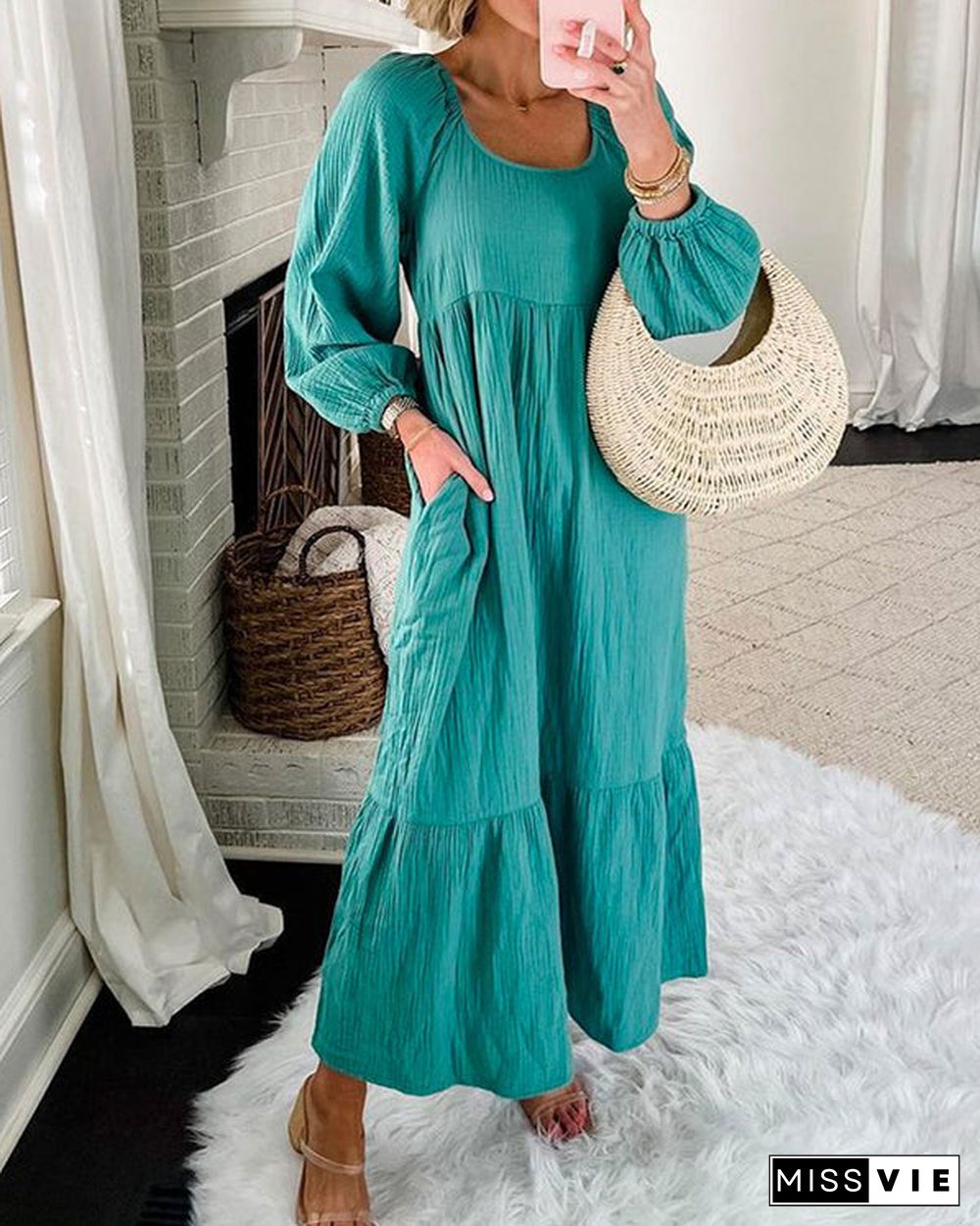 Solid Long Sleeve Woven Dress