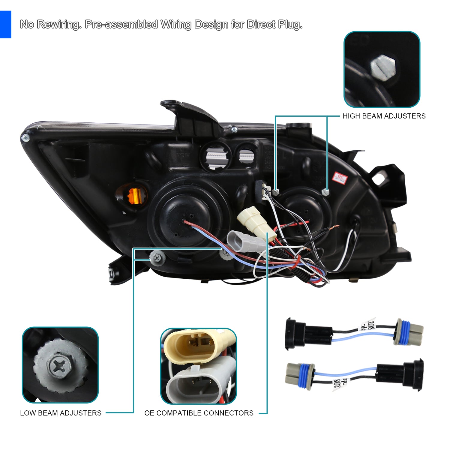 Spec-D Tuning LED Halo Chrome Housing Clear Lens Projector Headlights Compatible with 2005-2010 Scion tC Left + Right Pair Headlamps Assembly