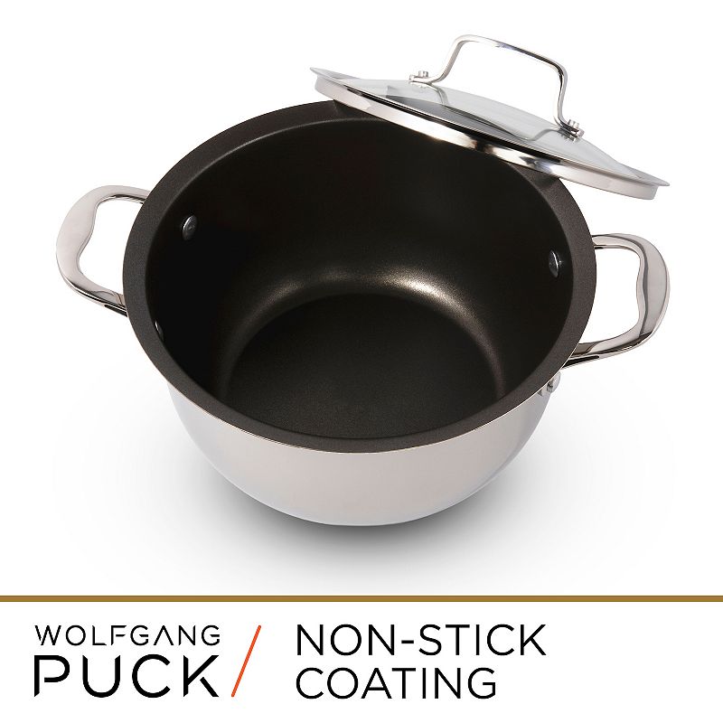 Wolfgang Puck 6-Piece Stainless Steel Pots and Pan Set; Scratch-Resistant Non-Stick Cookware， Clear Tempered-Glass Lids， Cool Touch Handles， Extra-Wide Rims for Easy Pouring