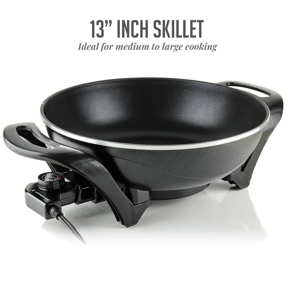 OVENTE 13 In. Black Non-Stick Electric Skillet with Aluminum Body Adjustable Temperature Controller Tempered Glass Cover SK3113B