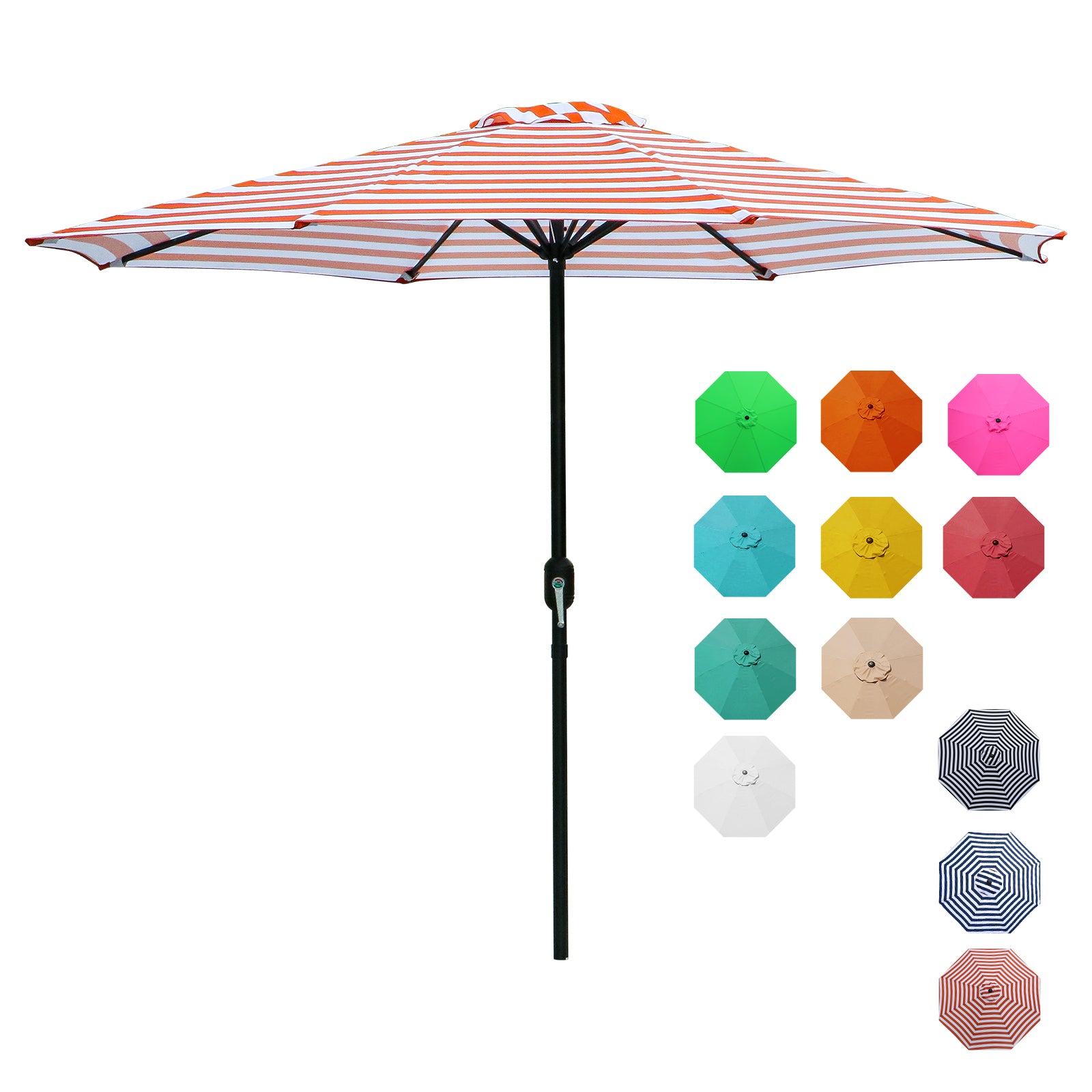 9Ft Patio Umbrella Outdoor Garden Table Patio Folding 8 Ribs Adjustable Crank Orange Stripe