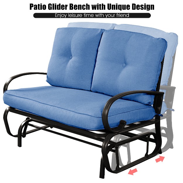 Costway Glider Outdoor Patio Rocking Bench Loveseat Cushioned Seat Steel Frame Blue