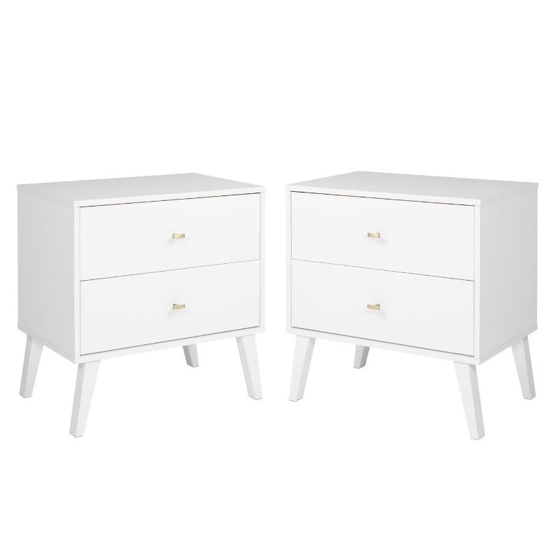 Home Square Mid Century Modern 2 Drawer Wood Nightstand Set in White (Set of 2)