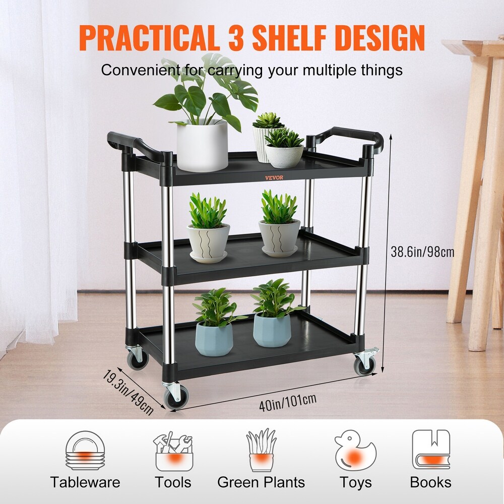 VEVOR Utility Service Cart 3 Shelf Heavy Duty 220LBS Food Service Cart