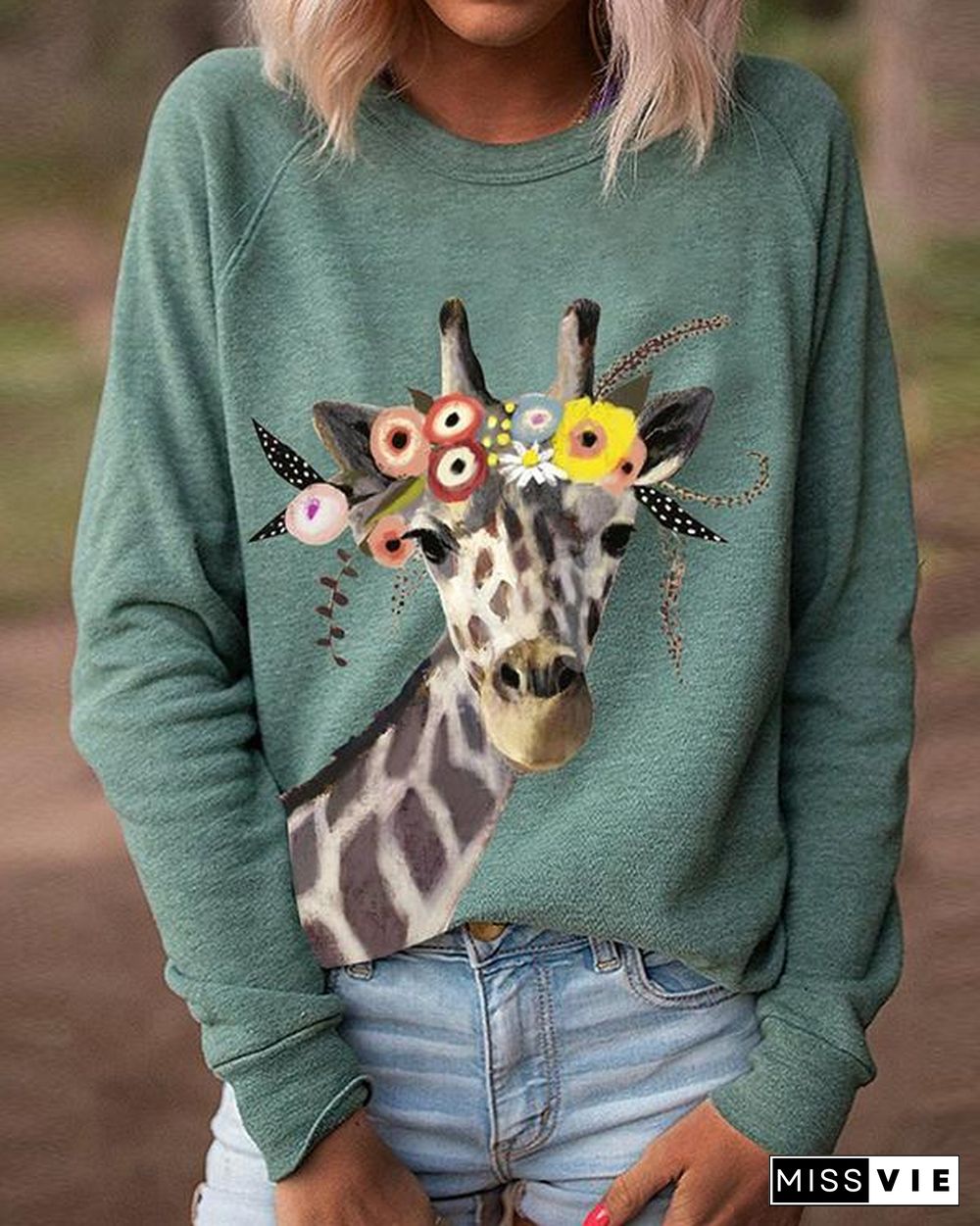 Women Giraffe Floral Print Long Sleeves Casual T-Shirts