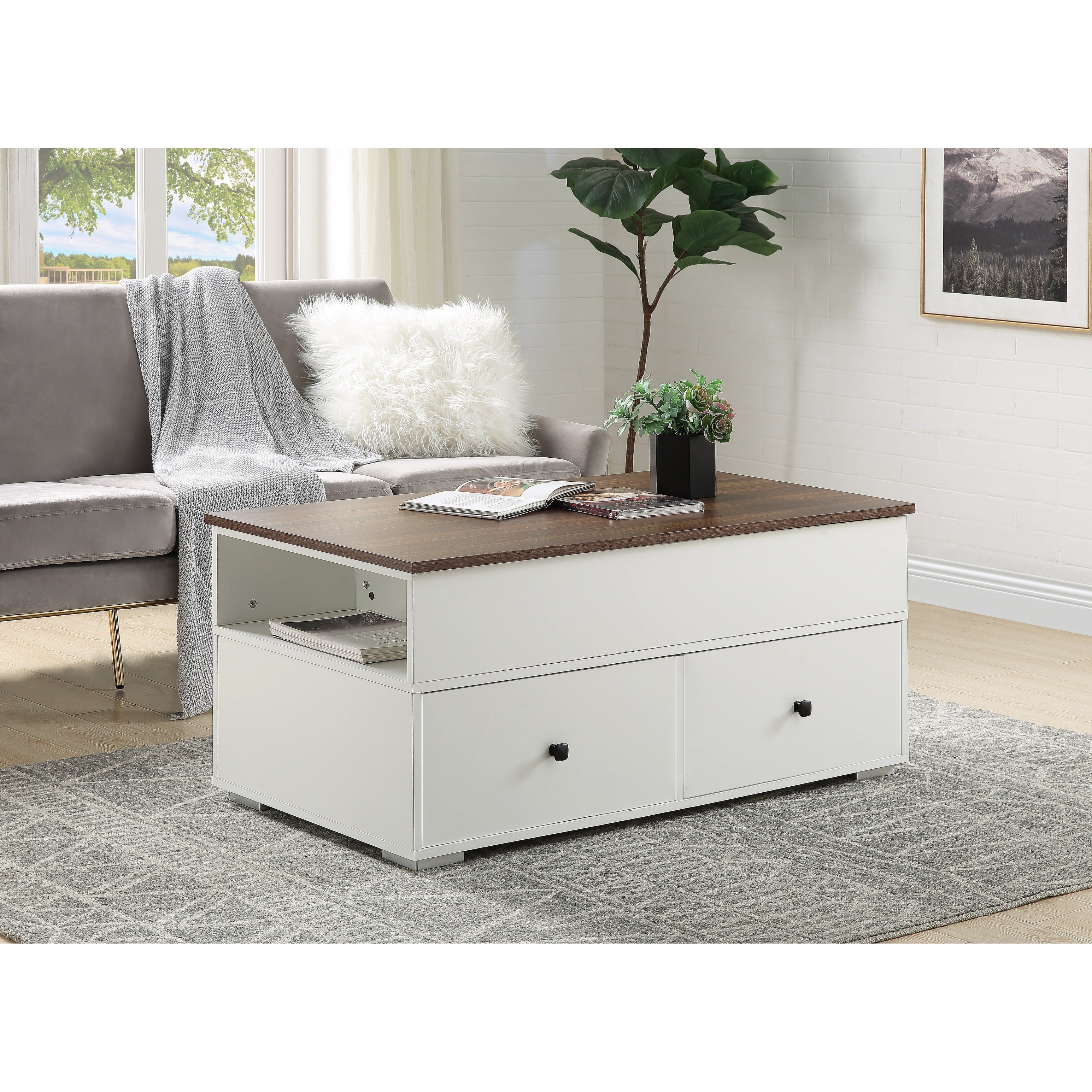 Coffee Table w/Lift Top in White and Walnut Finish