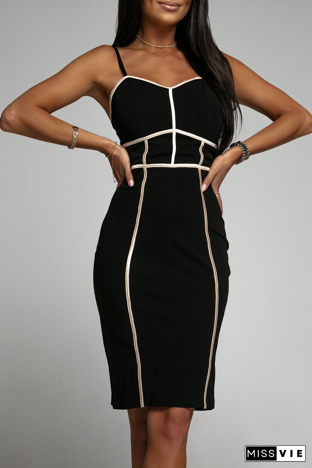 Black Color Block Spaghetti Straps Bodycon Dress