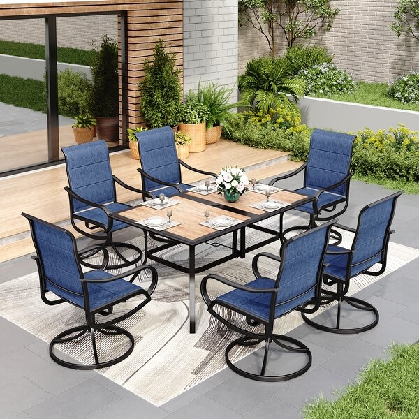 MAISON ARTS 7 PCS Outdoor Patio Dining Set with High Back Padded Swivel Chair and a Wood Grain Table with Umbrella Hole