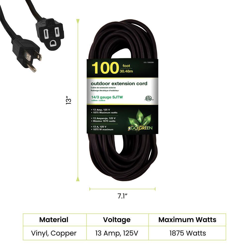 GoGreen Power 100 ft. 143 SJTW Outdoor Extension Cord - Black GG-13800BK