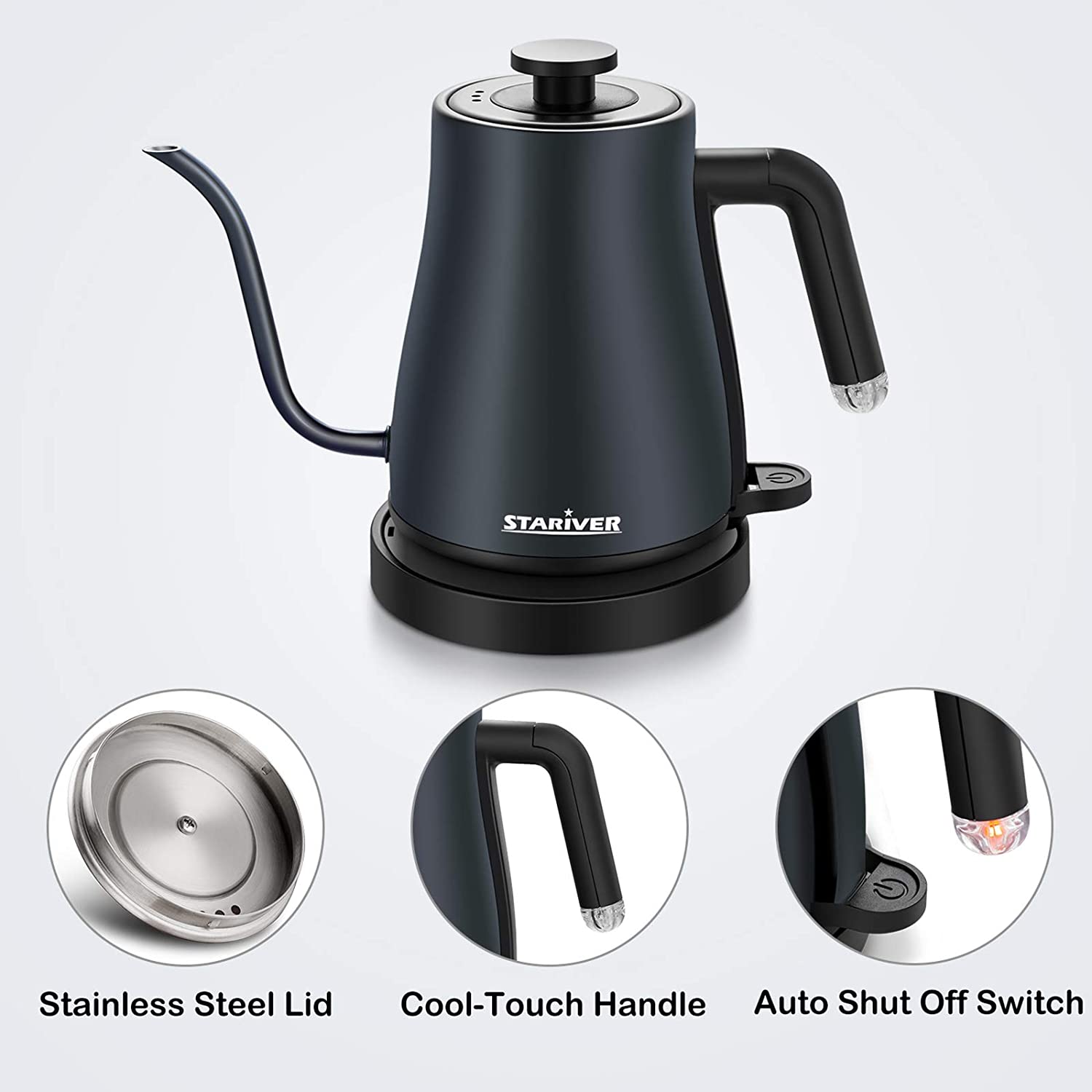 Stariver Electric Kettle Gooseneck Kettle， 1.2L Water Kettle， BPA-Free， Pour Over Tea Pot Stainless Steel for Coffee and Tea with Fast Heating， Auto-Shut Off and Boil-Dry Protection Tech， Dark Blue