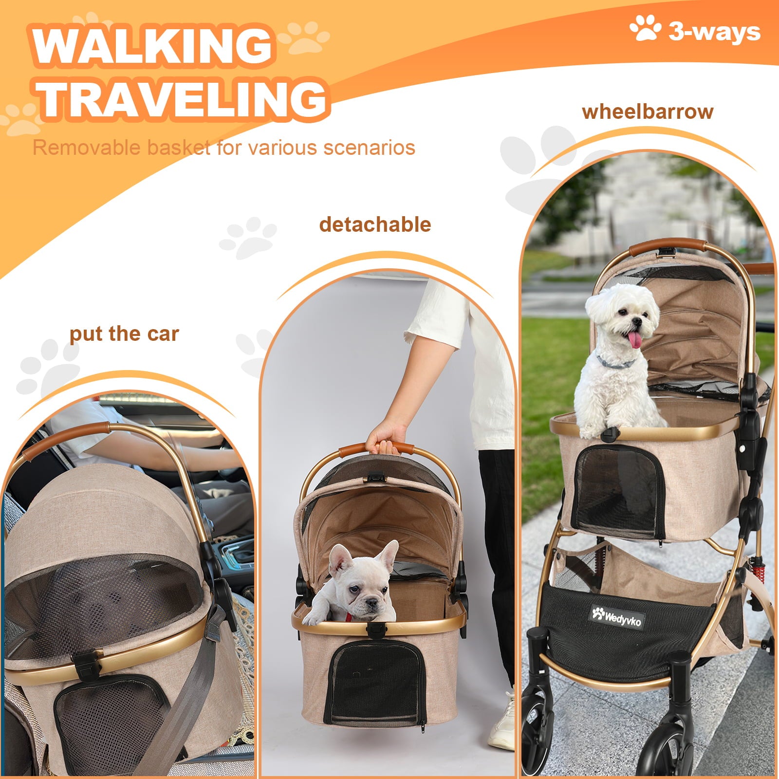 Wedyvko Dog stroller， Foldable Pet Travel System 3 in 1 Multifunction Pet Stroller， Sturdy Aluminum Alloy Frame Up to 55 lbs (Gold)