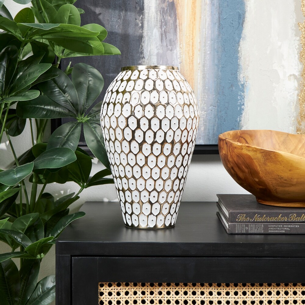 Gold Metal Geometric Dot Vase with White Accents