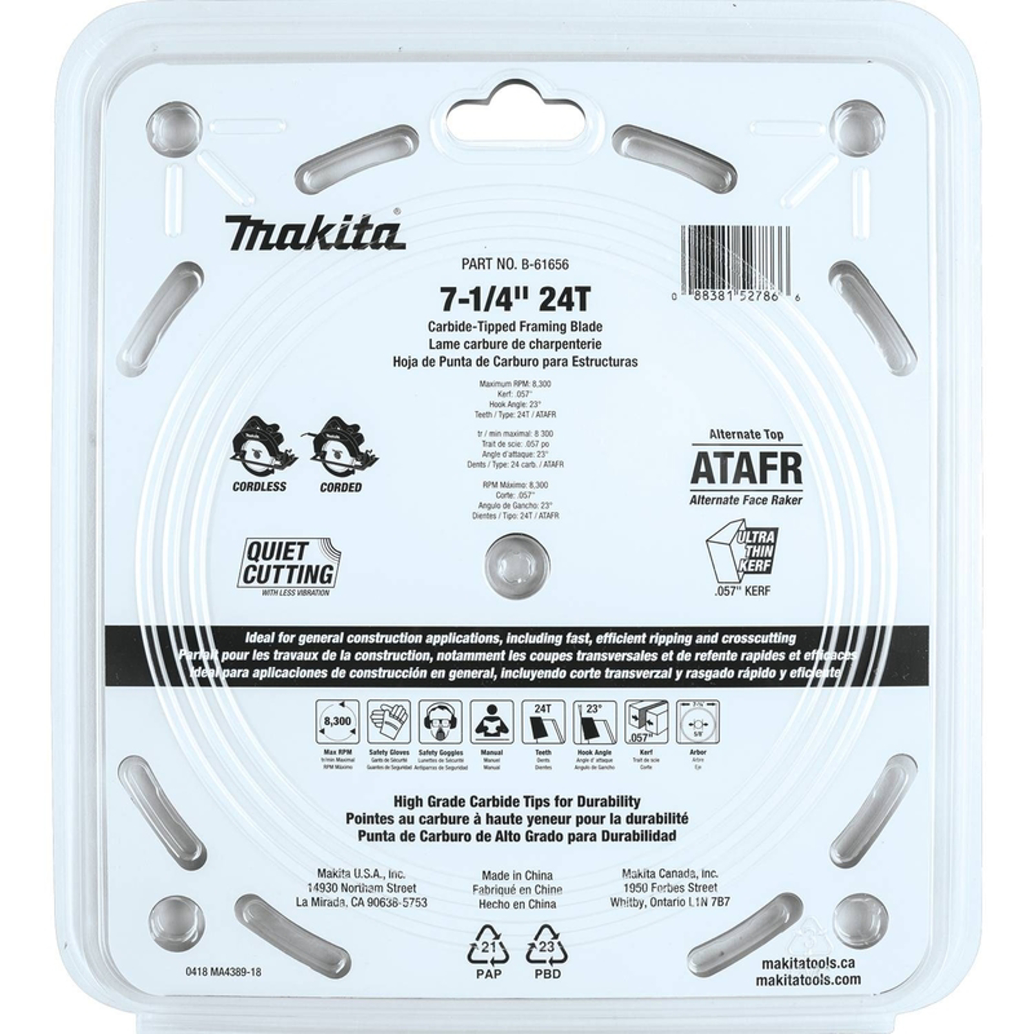 Makita 7-1/4 in. D X 5/8 in. Max Efficiency Carbide Tipped Circular Saw Blade 24 teeth 1 pk