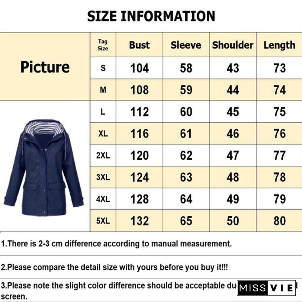 Fashion Women Waterproof Zipper Rain Jacket Solid Color Ladies Autumn and Spring Outdoor Mountaineering Lightweight Raincoats Plus Size S-5XL