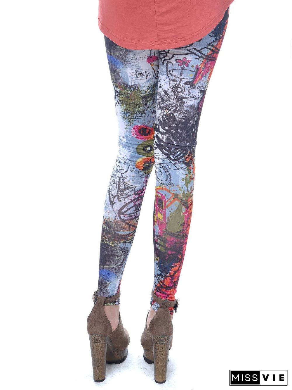 Womens Graffiti Multicolor Skinny Long Pants