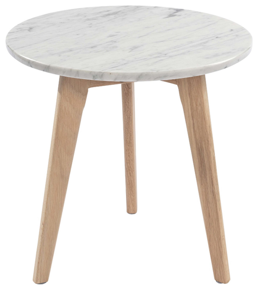 Cherie 15 quotRound Italian Carrara White Marble Table With Oak Legs   Midcentury   Side Tables And End Tables   by Homesquare  Houzz