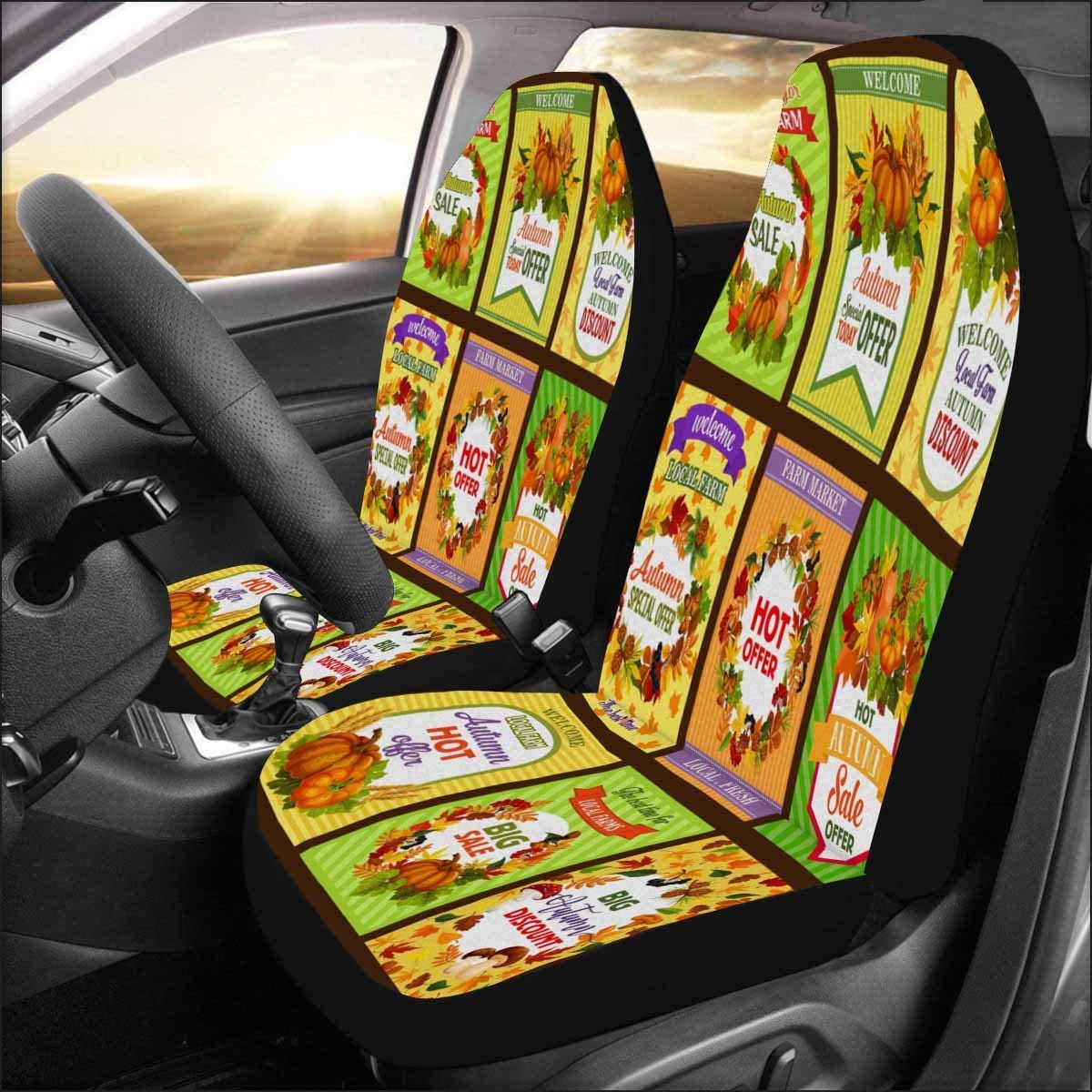 KXMDXA Set of 2 Car Seat Covers Autumn Fall Pumpkin Wheat Forest Mushroom Acorn Berry Pine Cone Ribbon Banner Universal Auto Front Seats Protector Fits for Car，SUV Sedan，Truck