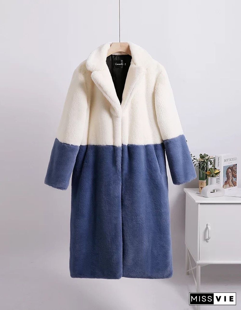 Winter Plus Size Patchwork Faux Fur Long Coat Women Elegant Turn Down Collar Thick Oversize Outwears Female Furry Jacket 5XL