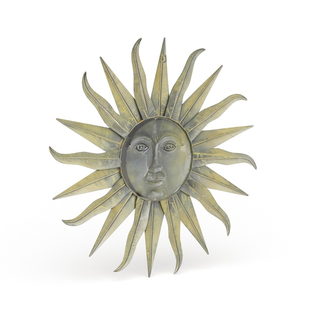 Gold Metal Indoor Outdoor Distressed Sunburst Wall Decor with Copper Like Accents and Grooves   35 x 1 x 35Round