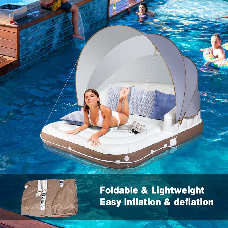 Giant Inflatable Pool Float Lounge Swimming Floating Island Raft with Retractable Canopy & 2 Cup Holders