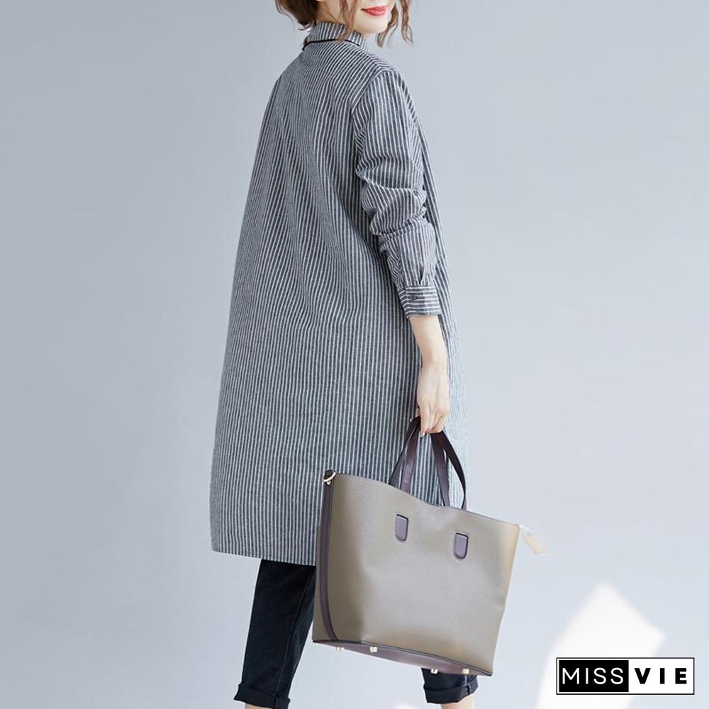 stylish gray striped cotton linen shirt dress trendy plus size shirt dress boutique long sleeve pockets Turn-down Collar patchwork natural cotton linen shirt dress