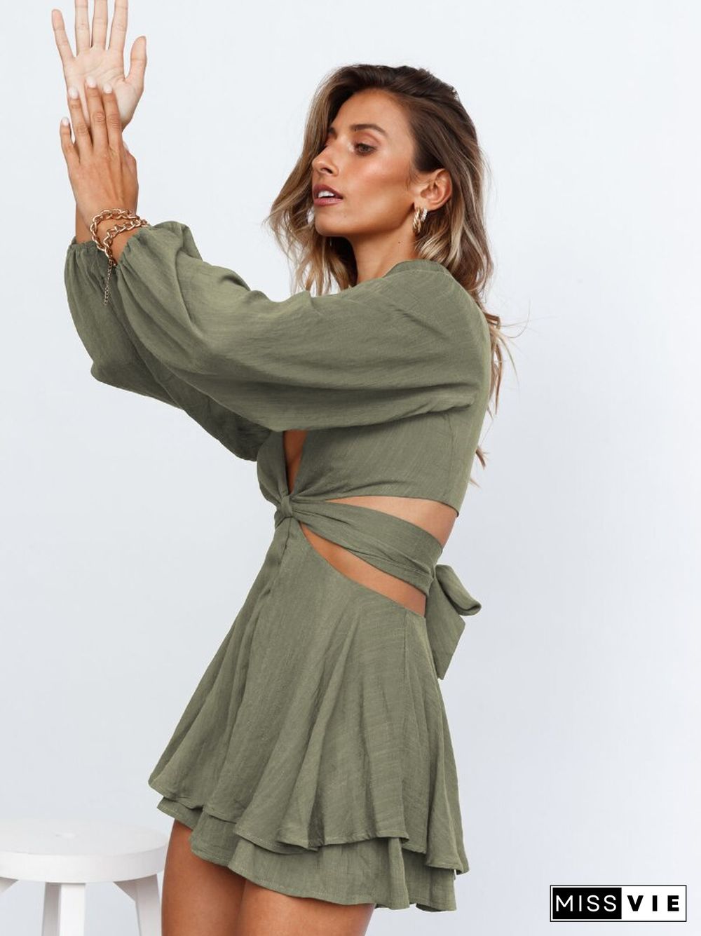 Jumpsuit Solid Color Trouser Skirt Deep V-neck Slim Fashion Women's Lantern Long Sleeve Ruffled Dress Women Skirt Dresses Women