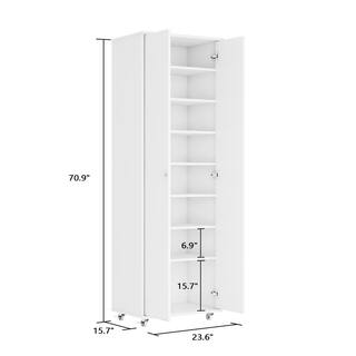 FUFUGAGA 70.9 in. H White Wood Bookcase Bookshelf with adjustable Shelves 2 door Cabinet and Wheels KF200174-01-KPL2