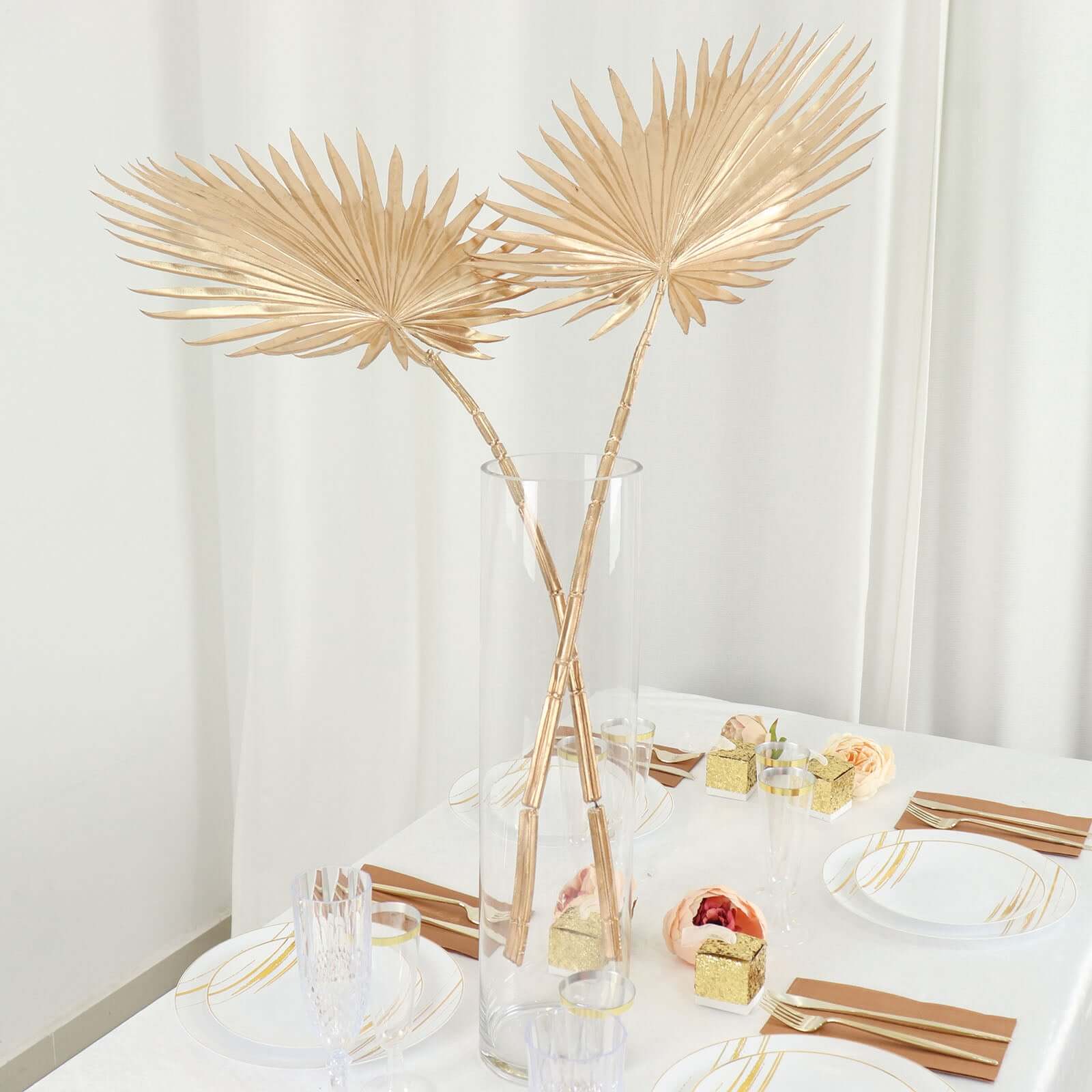 2 Pack Shiny Golden Artificial Tropical Plant Fan Palm Leaf Stems, Faux Floral Arrangements Table Centerpiece Decor 34