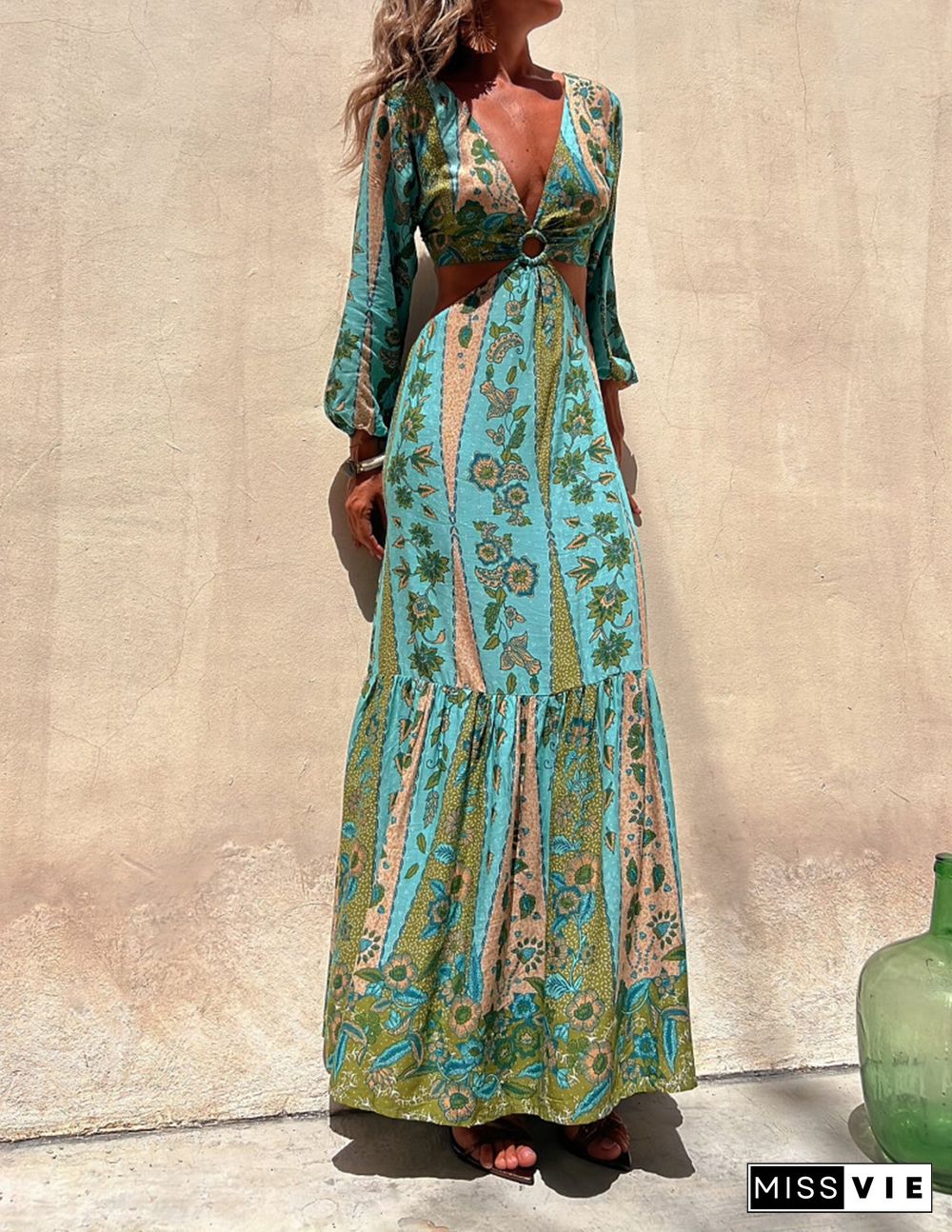 Surprised By You Printed Side Cutout Elastic Waist Maxi Dress