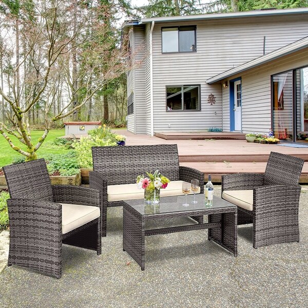 Gymax 4PCS Patio Outdoor Rattan Furniture Set Chair Loveseat Table