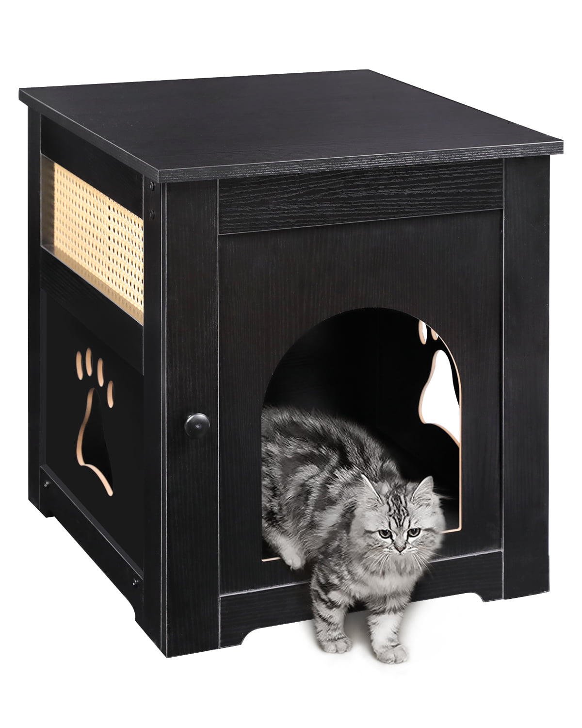 Cat Litter Box - Home Decorative Cat House and Side Table - Cat Home Nightstand - Indoor Pet Crate - Litter Box Enclosure - Hooded Hidden Pet Box - Cats Furniture Cabinet - Kitty Washroom - Black