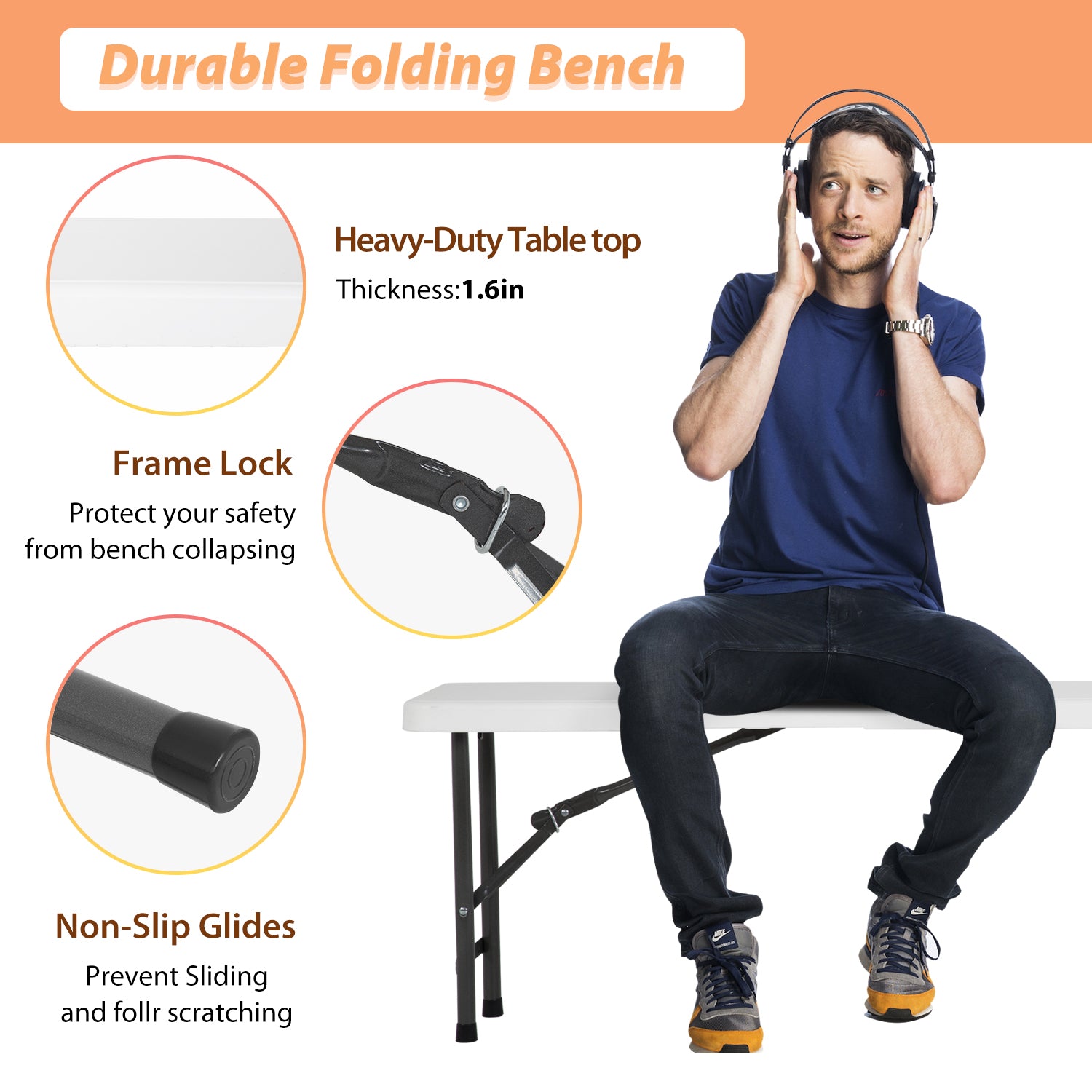 6FT Plastic Folding Bench Outdoor Bench Garden Bench Plastic Portable Bench With Carrying Handle for Picnic Camping Dining Party 1 Pack White