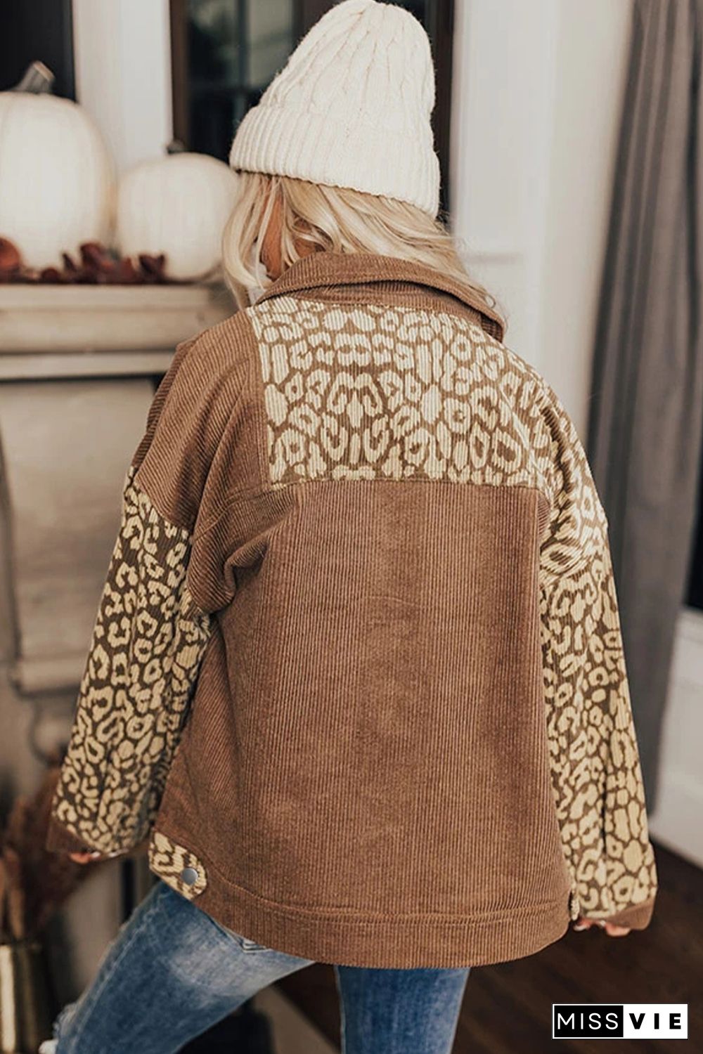 Brown Leopard Print Corduroy Long Sleeve Jacket